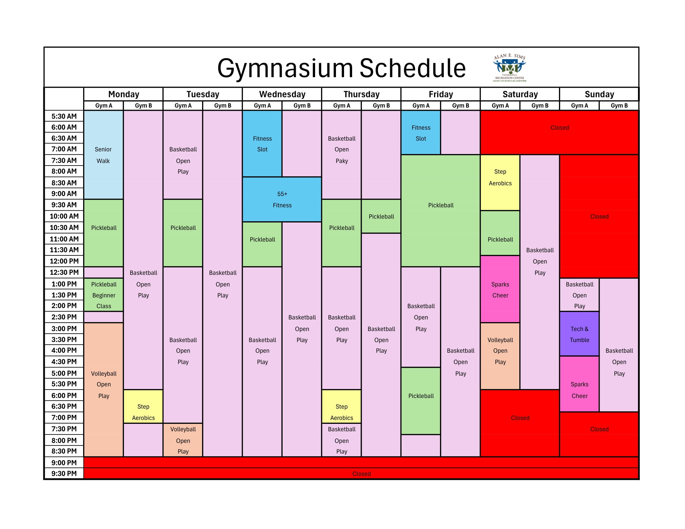 Gymnasium Schedule 2026