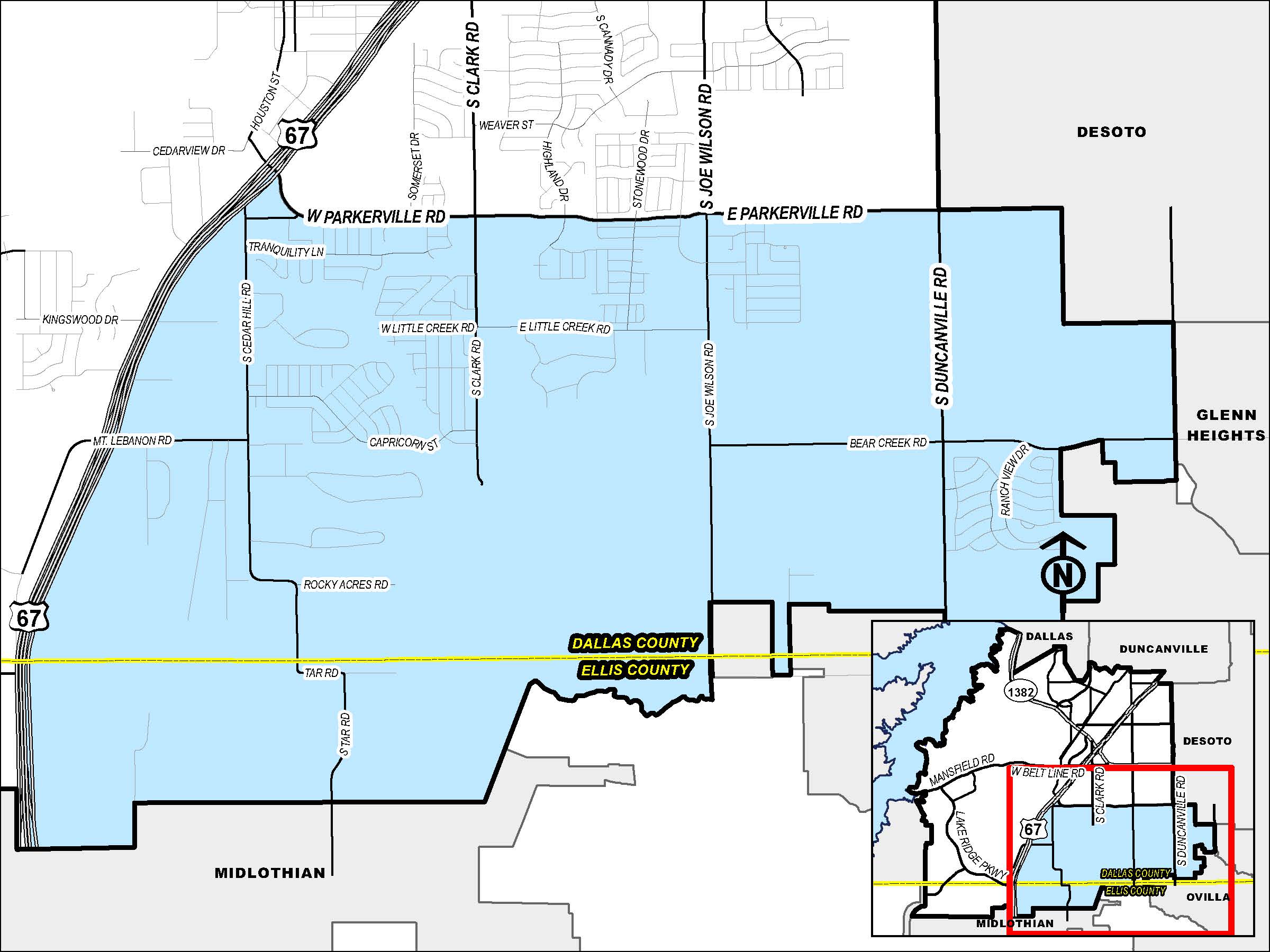 Map highlighting area south of Parkerville Rd. and east of US-67
