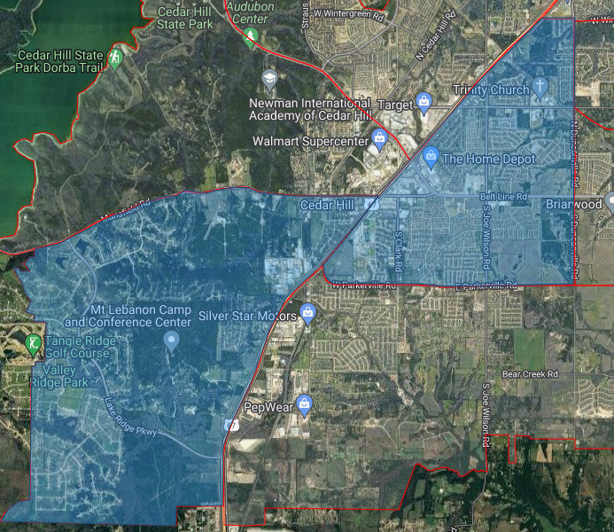 Map highlighting area north of Parkerville Rd and East of US-67 and an area south of Mansfield Rd